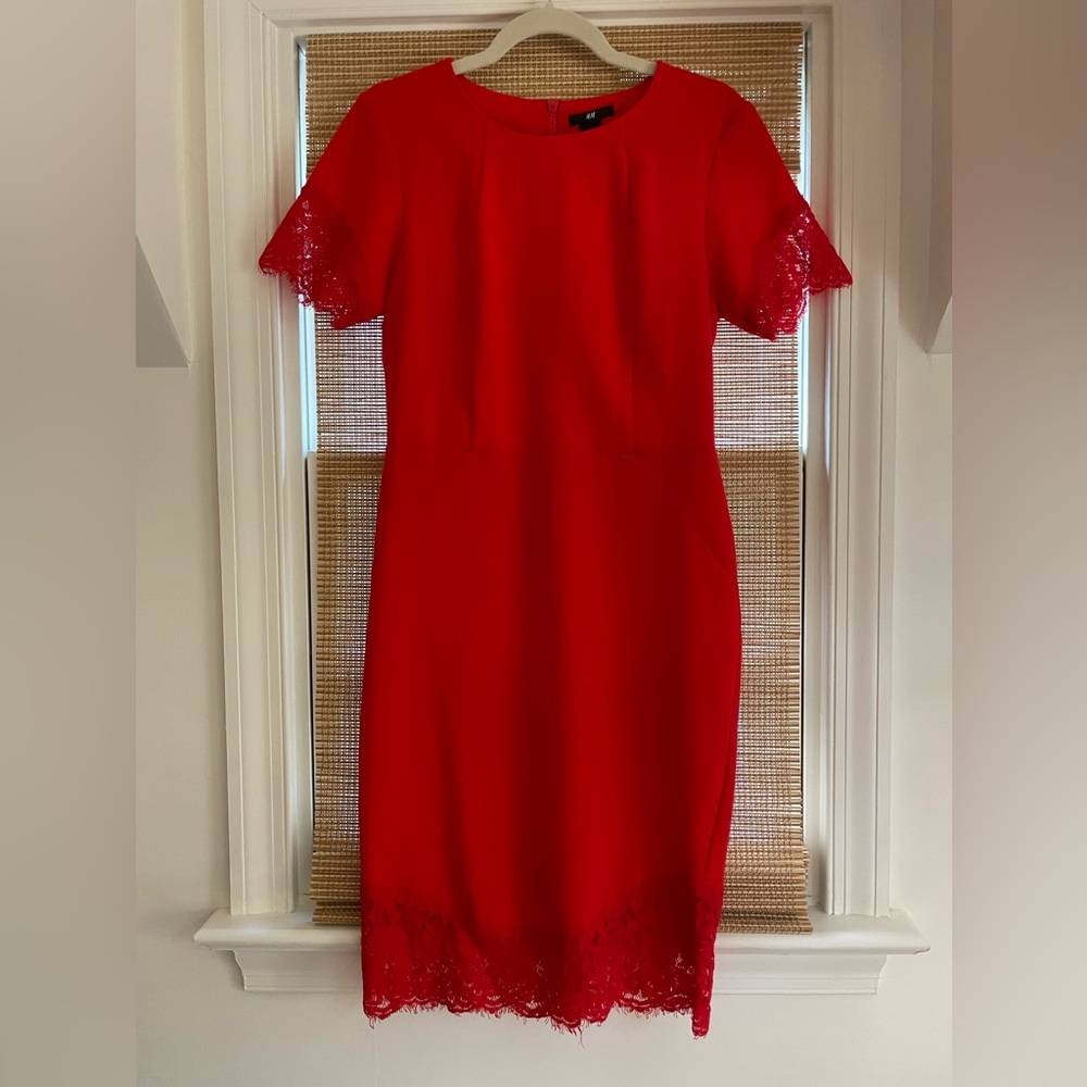 H&M Red Lace-Trim Knee Length Dress Size 10 fits 6/8 EUC